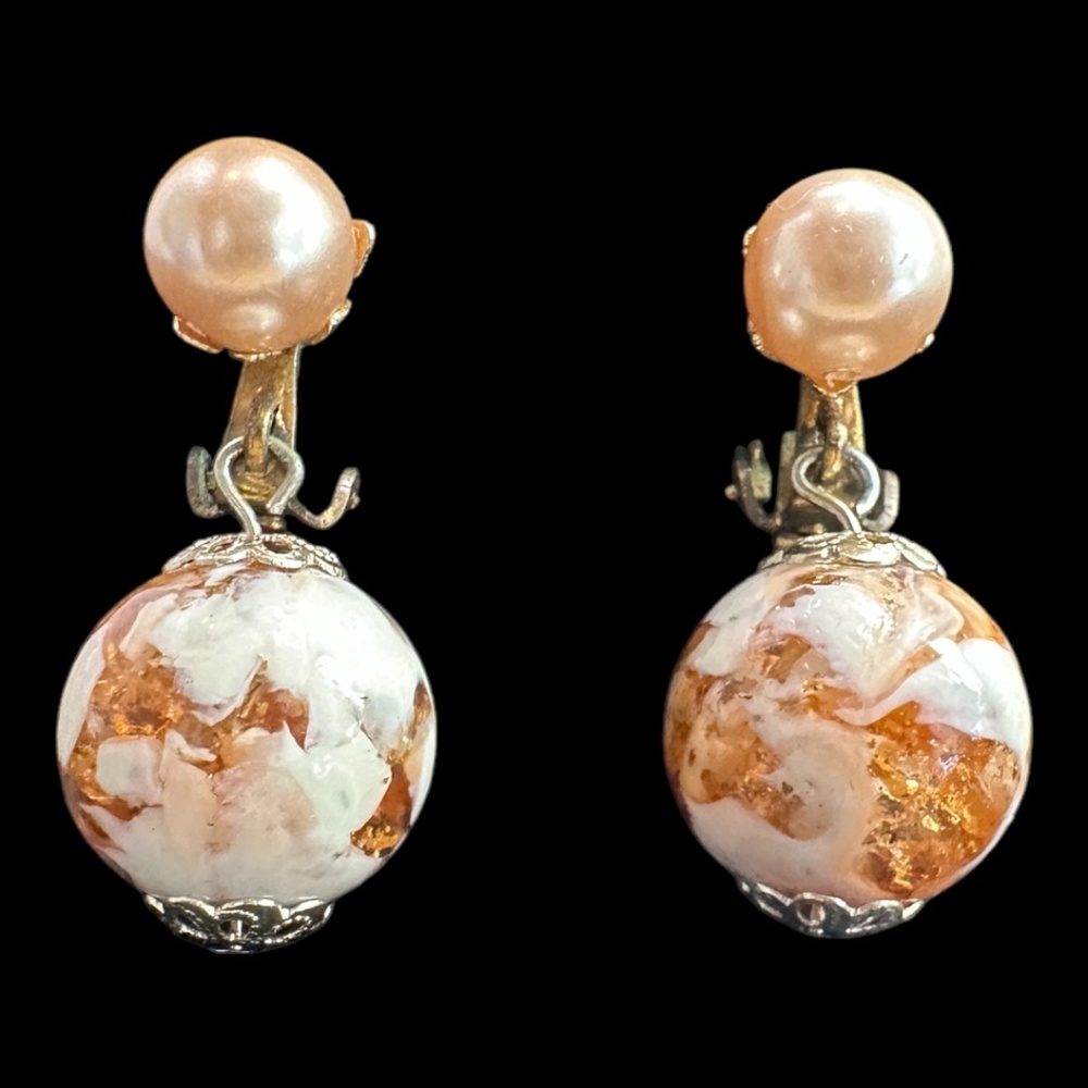 Vintage Bohemian Japan Gold Tone Bronze & Marbleized White Lucite Drop Earrings